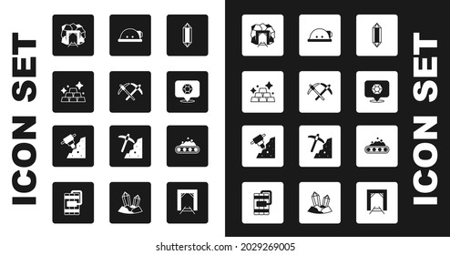 Set Gem stone, Pickaxe, Gold bars, Mine entrance, Miner helmet, Conveyor belt carrying coal and Construction jackhammer icon. Vector