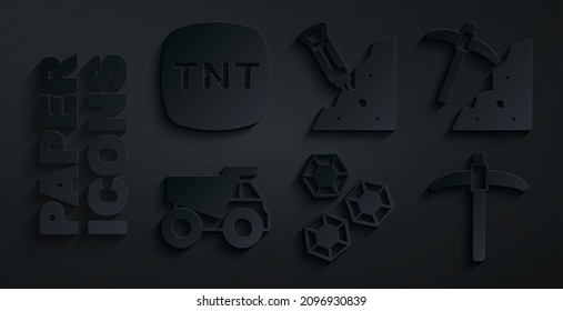 Set Gem stone, Pickaxe, Mining dump truck, Construction jackhammer and Dynamite icon. Vector