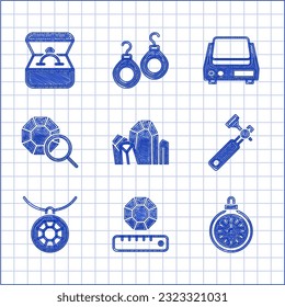 Set Gem stone, Pocket watch, Jewelers lupe, Pendant necklace, Electronic jewelry scales and Diamond engagement ring in box icon. Vector
