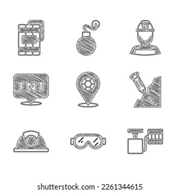 Set Gem stone, Safety goggle glasses, Handle detonator, Construction jackhammer, Miner helmet, Dynamite,  and  icon. Vector