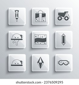 Set Gem stone, Safety goggle glasses, Gold mine, Miner helmet, Construction jackhammer and Mining dump truck icon. Vector