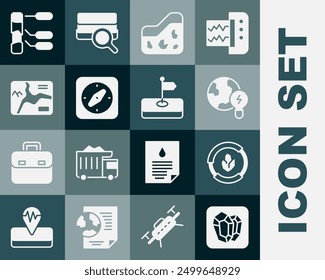 Set Gem stone, Soil analysis, Global planet with bulb, Ground, Compass, Topographic map,  and Flag icon. Vector