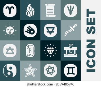 Establece el zodiaco de Gemini, botella con poción, daga, decreto, pergamino, pergamino, cometa cayendo rápido, Sun, Aries e icono del elemento Tierra. Vector