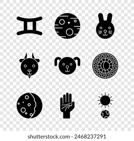 Set Gemini zodiac, Planet Mars, Rabbit, Eclipse of the sun, Palmistry hand, Solstice, Aries and Dog icon. Vector