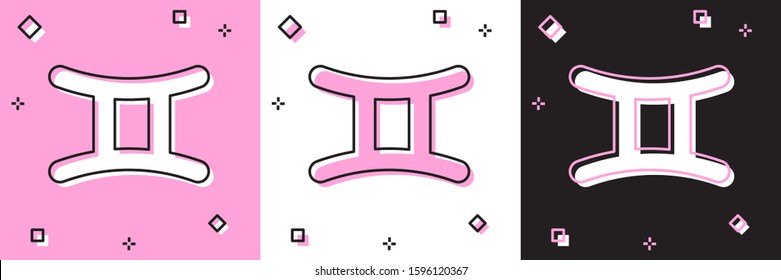 Set Gemini zodiac sign icon isolated on pink and white, black background. Astrological horoscope collection.  Vector Illustration