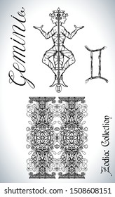 Set with Gemini zodiac sign and mascot drawing. Collection of astrological symbols in baroque victorian style and characters. Vector hand drawn illustration for Horoscope, Esoteric and Mystic design