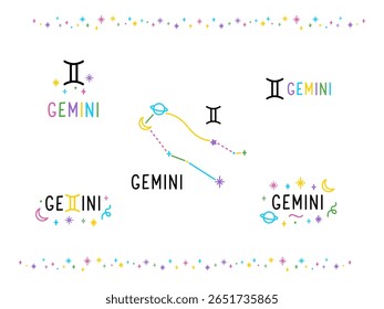 Conjunto de cantos do zodíaco Gemini. Constelações coloridas de desenhos animados e letras cantam. Tatuagem de talismã de caneta de feltro desenhado à mão, logotipo, adesivo. Elemento isolado.