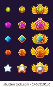 Set Gems award progress. Golden amulets set with jewelry. Vector icons assets for game design.