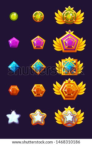 Set Gems award progress. Golden amulets set with jewelry. Vector icons assets for game design.