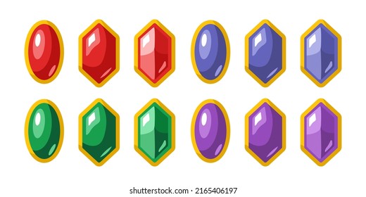 A set of gems. Cartoon multicolored diamonds. Vector set. Clipart isolated on white background.