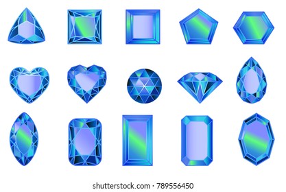 set of gems, diamonds of BLUE. Set of diamonds of different cut shapes