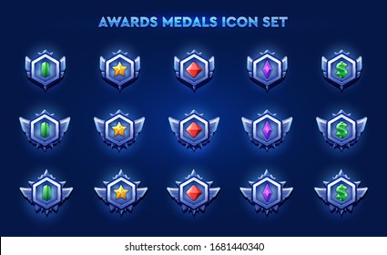 Set of gems icon of various shapes. Isolated medal  icons of precious bright gemstones. Set of awards vector illustration