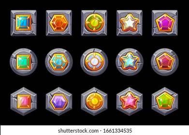 Set of gems on stones of various shapes. Isolated app icons of precious bright gemstones.