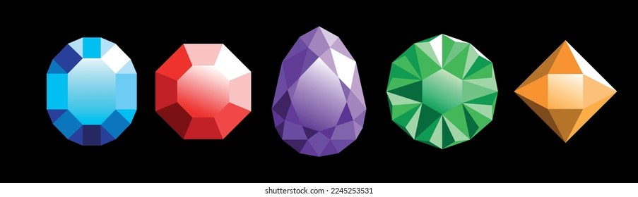 set of gems and rubies of different shapes and colors, black background. vector illustration