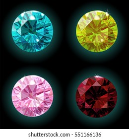 Set gemstone crystal diamond pink garnet, beryl aquamarine. Vector illustration bright shiny sparkling luxury precious rich decoration gift symbol sign icon Valentine Day