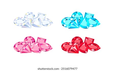 Conjunto de piedras preciosas. Pilas de cristales de diferentes colores. Ilustración plana de dibujos animados de Vector.