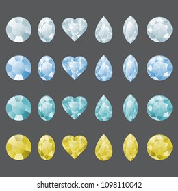 Set of gemstones in different colors. To illustrate diamond, aquamarine, chrystal, zircon or other gem