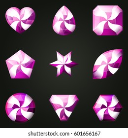 Set of gemstones with different shapes. Set of jewels with different facet form. Game match three items with power-up. Bonus gems