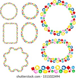 Set of gemstones frames. Different shapes, vector jewelry illustration. Endless horizontal pattern brush. For invitations, announcements, postcards, posters. 