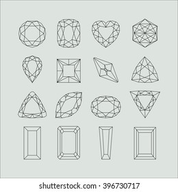 Set of gemstones with various types of cut. Hand drawn line art polygonal shape. Minimal abstract shape. Sacred geometry. Stock vector.