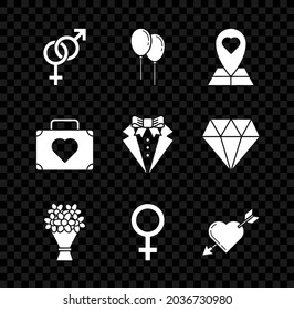 Juego de género, globos con cinta, Corazón del puntero del mapa, Bouquet de flores, Símbolo de género femenino, Amor y flecha, Maleta para viajes e ícono. Vector