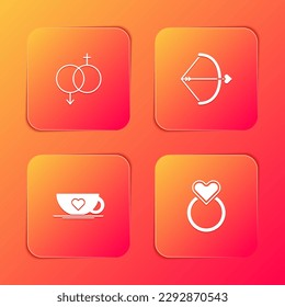 Set Gender, Bow and arrow, Coffee cup heart and Wedding rings icon. Vector