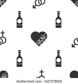 Set Gender, Candy in heart shaped box and bow and Champagne bottle on seamless pattern. Vector