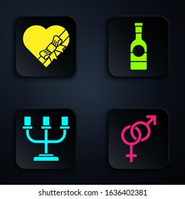 Set Gender, Candy in heart shaped box and bow, Candlestick and Champagne bottle. Black square button. Vector
