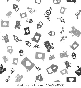Set Gender, Castle in the shape of a heart, Envelope with heart and Like and heart on seamless pattern. Vector