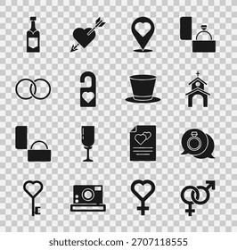 Sexo, anillo de compromiso de diamantes, edificio de la iglesia, Locación con el corazón, por favor no molestar, anillos de boda, botella de champán y el icono del sombrero del cilindro. Vector