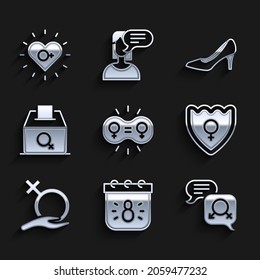 Establecer igualdad de género, Calendario con 8 de marzo, escudo, mujer, género, derecho de voto, zapato de mujer e ícono de feminismo. Vector