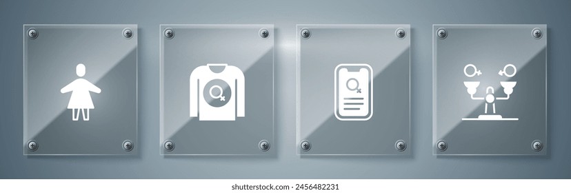Igualdad de género, App de citas, camisa feminista y mujer. Paneles de vidrio cuadrado. Vector