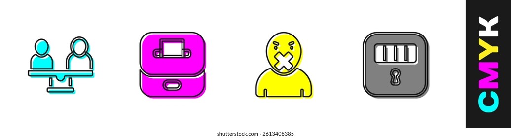 Set Gender equality, Vote box, Censor and freedom of speech and Prison cell door icon. Vector