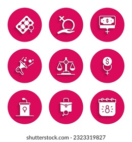 Set Gender equality, Work for female, Calendar with 8 March, Feminism finance, Debate podium rostrum, Feminist activist, Money growth woman and Packaging of birth control pills icon. Vector