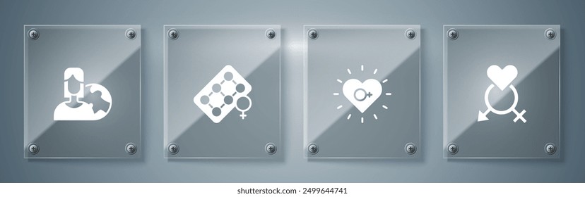 Conjunto Género, Feminismo, Empaquetado de píldoras anticonceptivas y Mujeres de diferentes países. Paneles de vidrio cuadrados. Vector