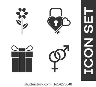 Set Gender, Flower, Gift box and Castle in the shape of a heart and key icon. Vector