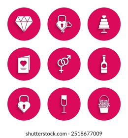 Set Gender, Glass of champagne, Flowers in basket, Champagne bottle, Castle the shape heart, Valentines day party flyer with, Wedding cake and Diamond icon. Vector