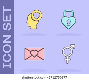 Conjunto Género, Cabeza con corazón, Sobre de San Valentín y Castillo en forma de icono. Vector