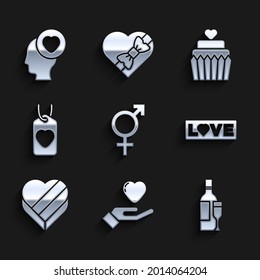 Set Gender, Heart in hand, Champagne bottle, Love text, Candy heart shaped box, tag, Wedding cake with and Head icon. Vector