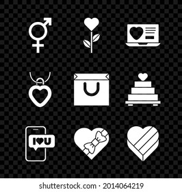 Set Gender, Heart shape in flower, Dating app online, Mobile with heart, Candy shaped box, Necklace and Shopping bag icon. Vector