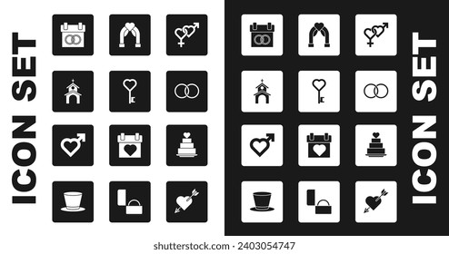Set Gender, Key in heart shape, Church building, Calendar, Wedding rings, arch, cake with and Heart male gender icon. Vector