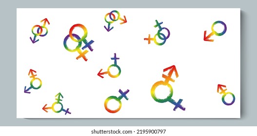 Juego de género, símbolo de texto de gradiente de arcoiris LGBT sobre fondo blanco