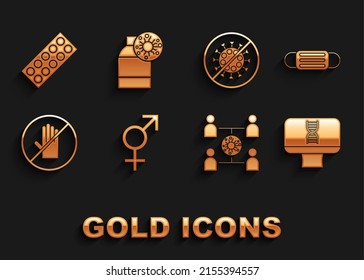Set Gender, Medical protective mask, DNA spiral and computer, Virus spread, No handshake, Stop virus, Pills in blister pack and Bottle with icon. Vector