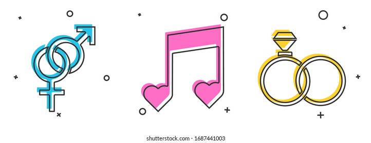 Set Gender, Music note, tone with hearts and Wedding rings icon. Vector
