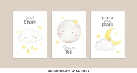 Set of gender neutral nursery room decoration with cute cloud, moon and stars character illustration	