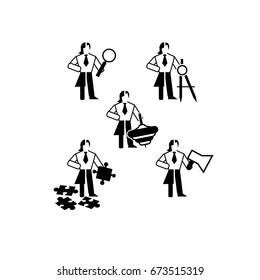 A set of gender neutral simple black and white icons on the topic of the leader's character traits. The roles that the leader must play are  Experience Architect, Rule Breaker, Producer, Storyteller
