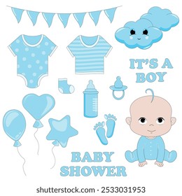 A set for a gender party, birthday, baby shower of a blue boy.