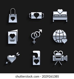 Set Gender, Please do not disturb with heart, Cinema camera, The world love, Amour symbol and arrow, Valentines day party flyer, Bedroom and Shopping bag icon. Vector