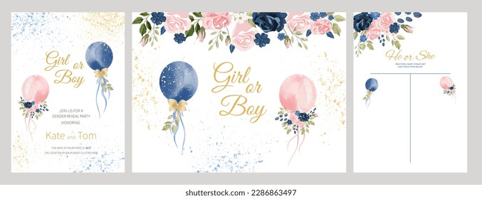 Set of Gender reveal party invitation templates. boy or girl. watercolor pink and blue balloons with flowers and ribbons. Banner and poster, background with balloons on the ribbon. Vector illustration - Shutterstock ID 2286863497