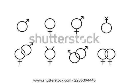 Set of gender and gender romantic relationships icons. Male, female, queer and transgender, same sex and heterosexual